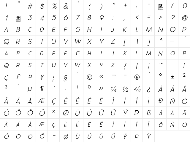 Pages Grotesque Light Demo Italic  glyph index