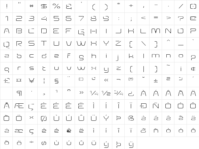 Aunchanted Thin Expanded Regular  glyph index
