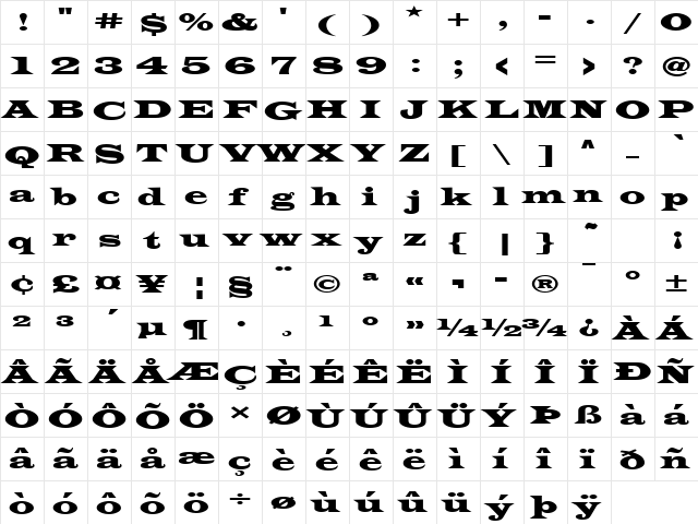 Latin Becker Regular  glyph index