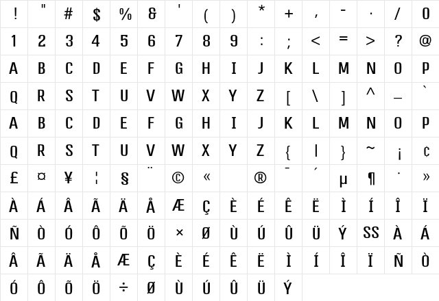 Profession Regular  glyph index