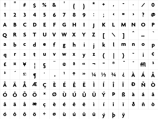 Agenda Bold  glyph index