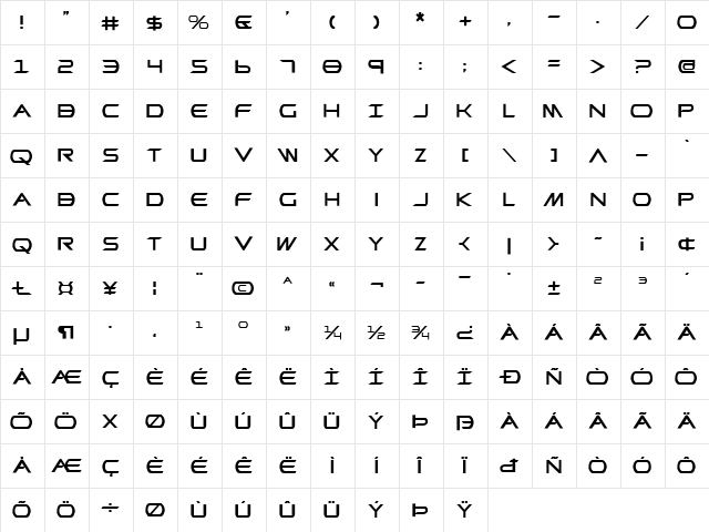 Promethean Regular  glyph index