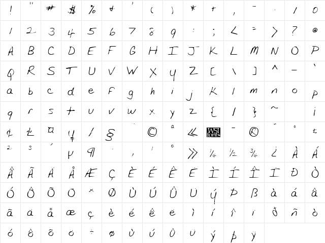 LaurensHand Regular  glyph index