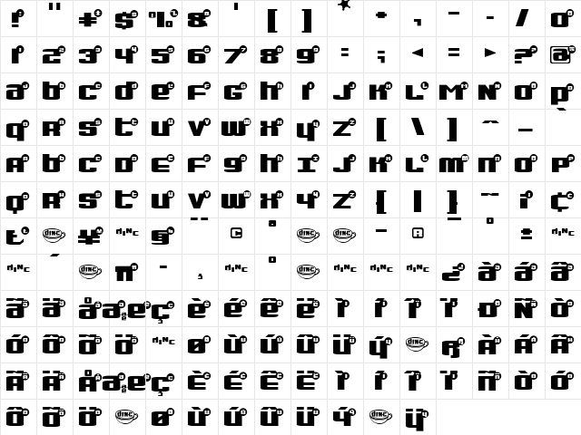 Dinette Regular  glyph index