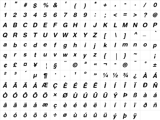 Helvetica Rounded LT Std Bold Oblique  glyph index