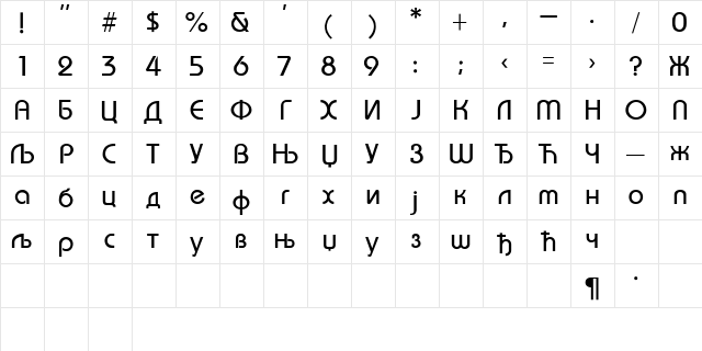 Bahamas Cirilica Regular  glyph index