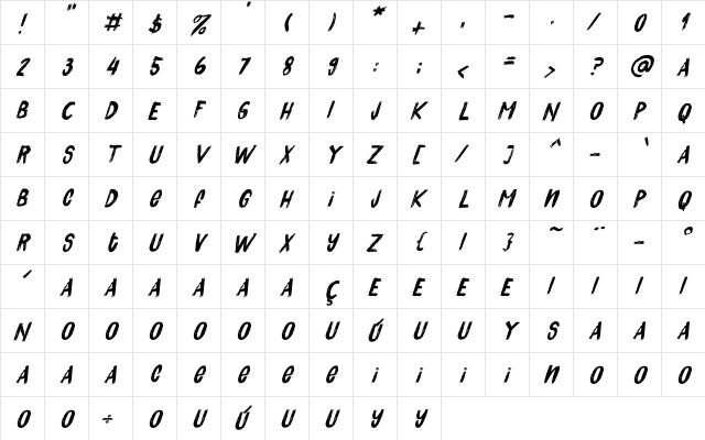 Quick Pick I Italic  glyph index