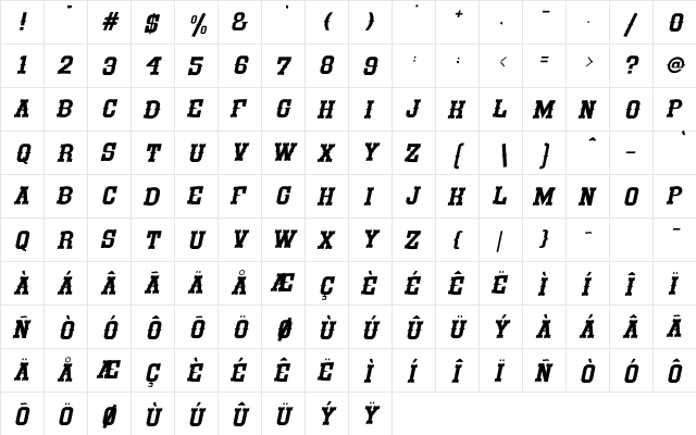 Glamour Wave Italic Regular  glyph index