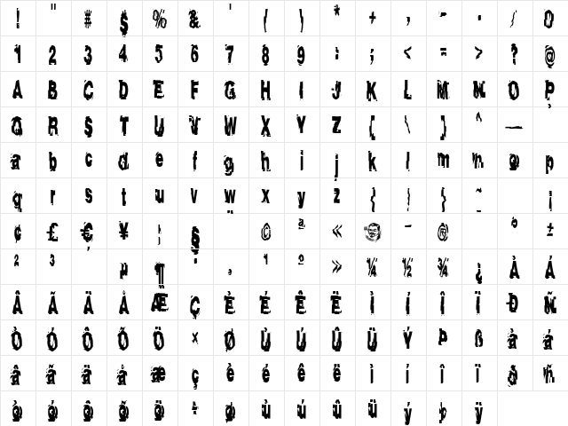 AfterShock Regular  glyph index
