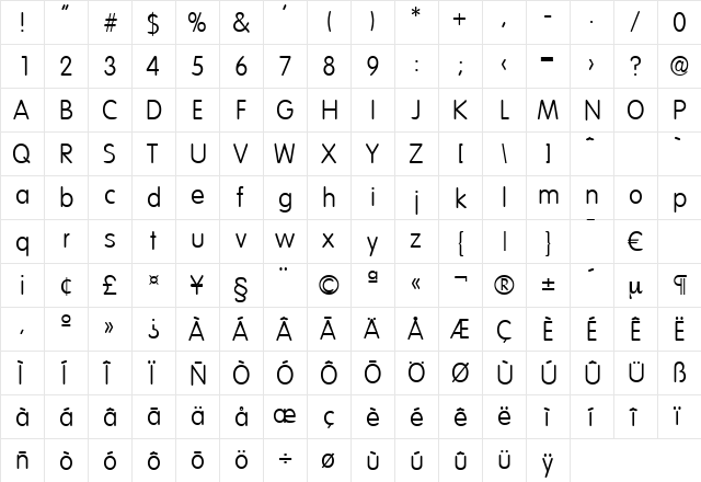 Volkswagen-Light Regular  glyph index