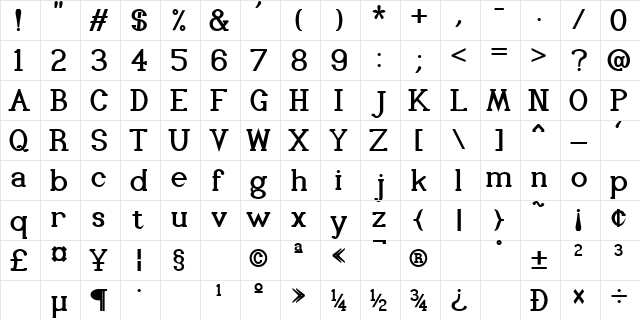 IzzardSerif Bold  glyph index