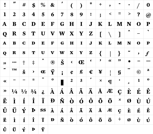 Mercury Text G4 Bold SC  glyph index