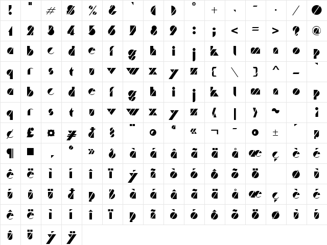TURNER Regular  glyph index