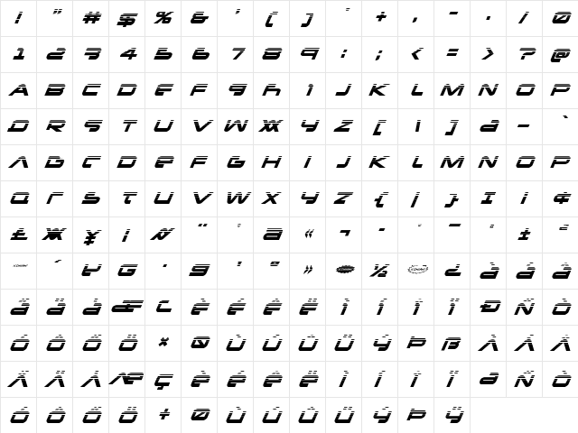 New Mars Halftone Italic Italic  glyph index