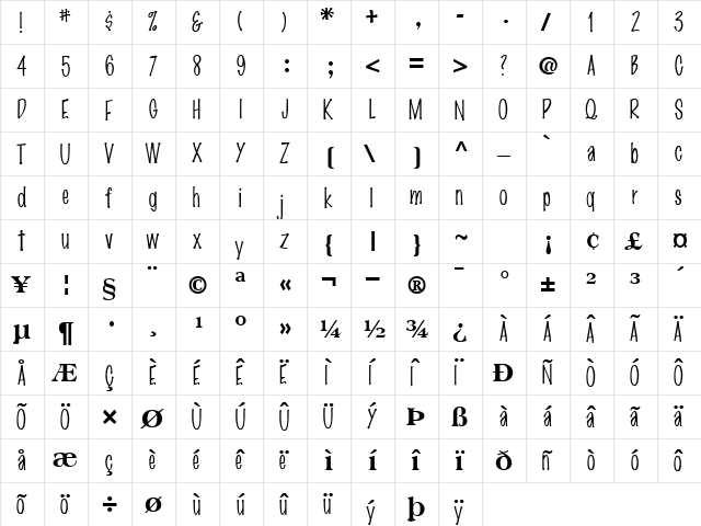 Presto Regular  glyph index