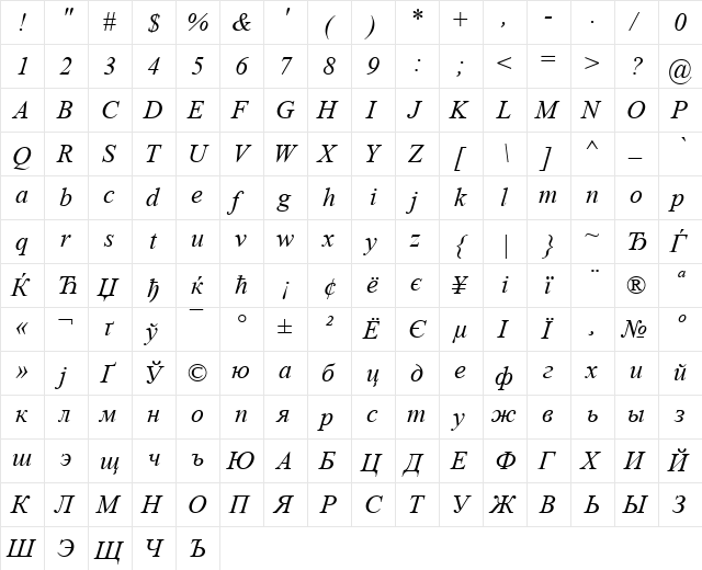 Times New Roman KOI8 Italic  glyph index