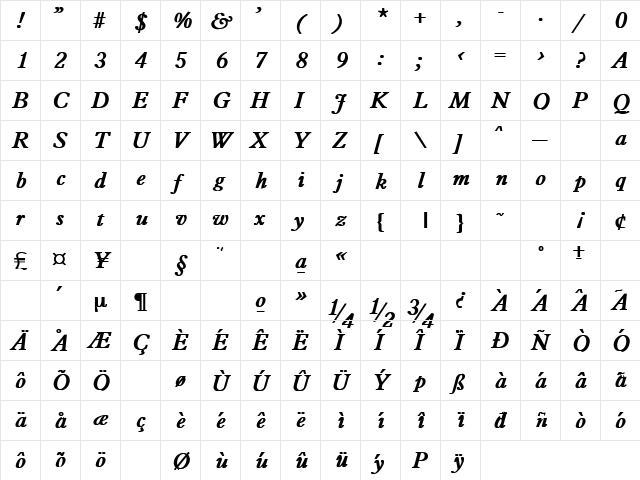 Waterloo Bold  glyph index