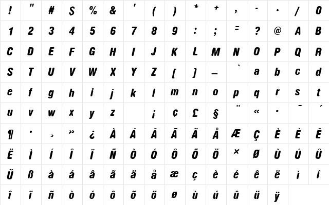 NimbusSanDBlaConItaRo1 Regular  glyph index