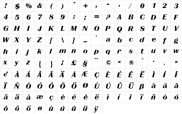 Britannic BQ Regular  glyph index