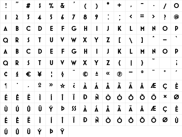 MostraOneBold Regular  glyph index