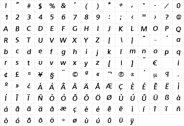 Quebec-DemiBoldIta Regular  glyph index