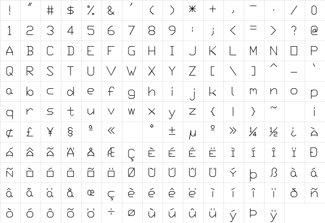 SWTxt Regular  glyph index