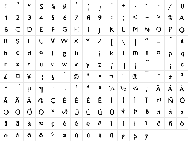 DTCDirtyM23 Regular  glyph index