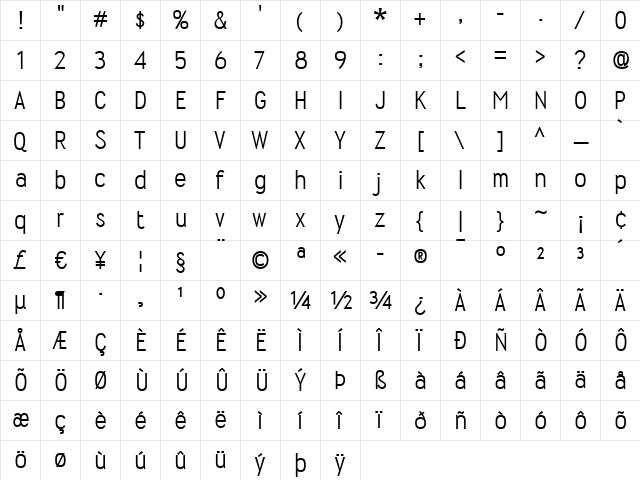 Wyvern Regular  glyph index