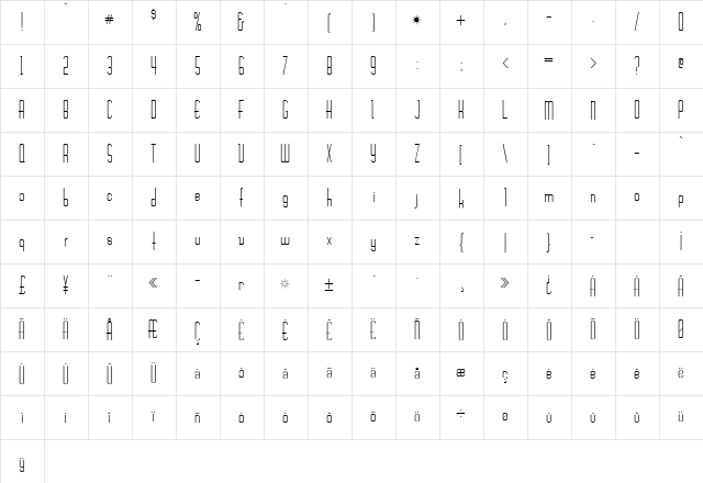 Chasline Regular  glyph index