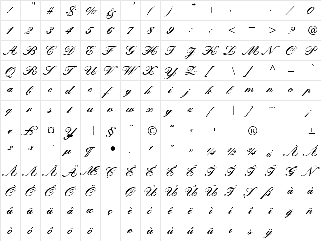 TR Kastler Bold Italic  glyph index