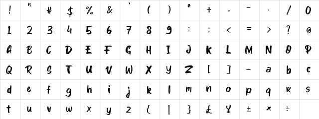 Kinder Boy Regular  glyph index