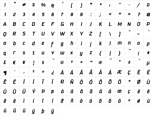 KautivaProC Bold Italic  glyph index