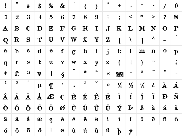 Brunine Bold  glyph index