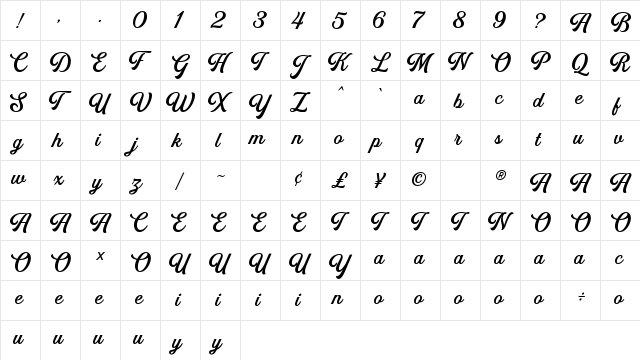 Golden Hills DEMO Regular  glyph index