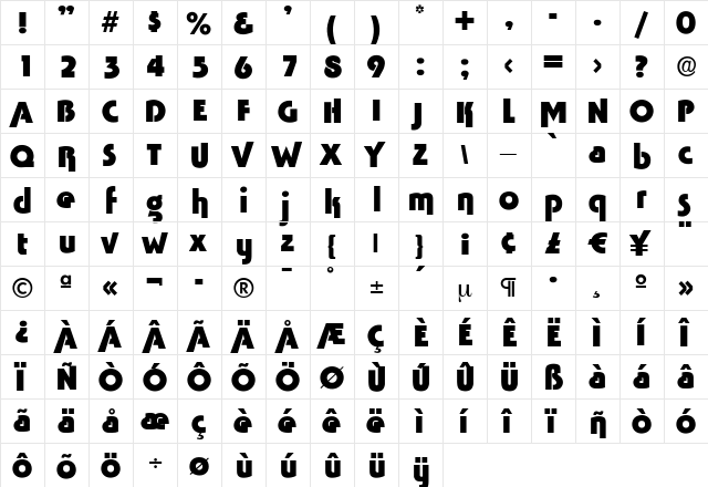 NinaBecker Bold  glyph index