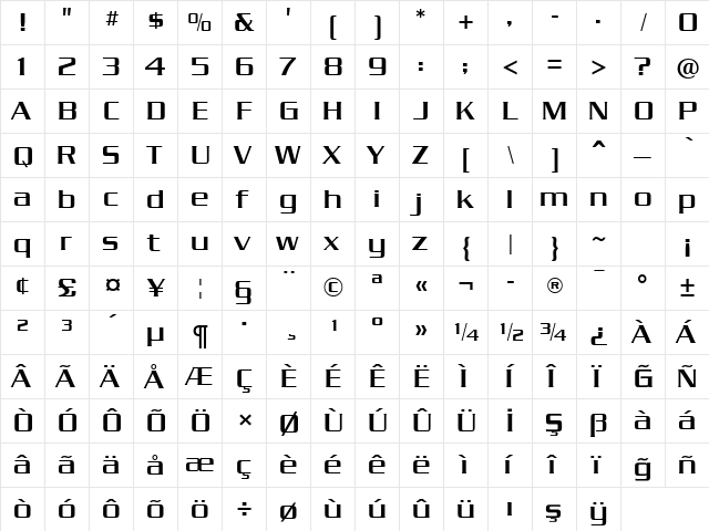 TrSah Dungeon Regular  glyph index