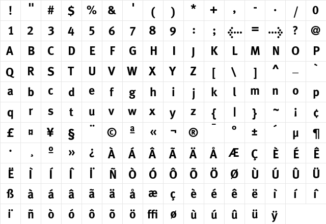 MetaPlusLining Bold  glyph index