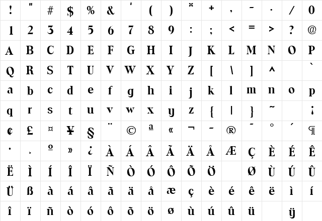 Toledo Bold  glyph index