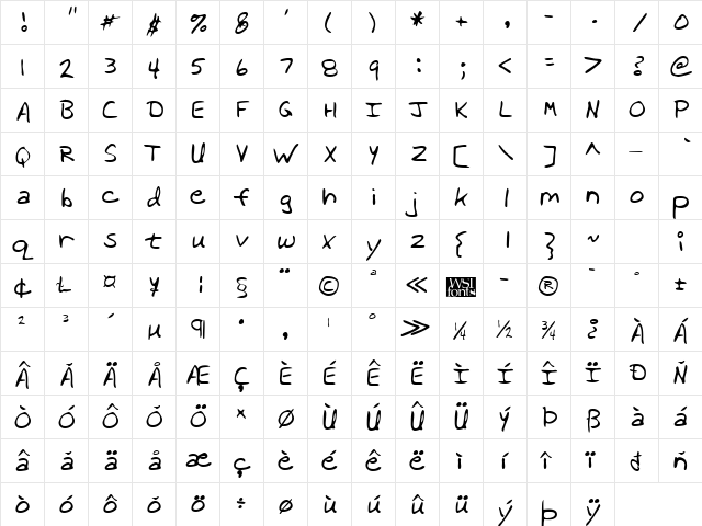 JanicesHand Regular  glyph index