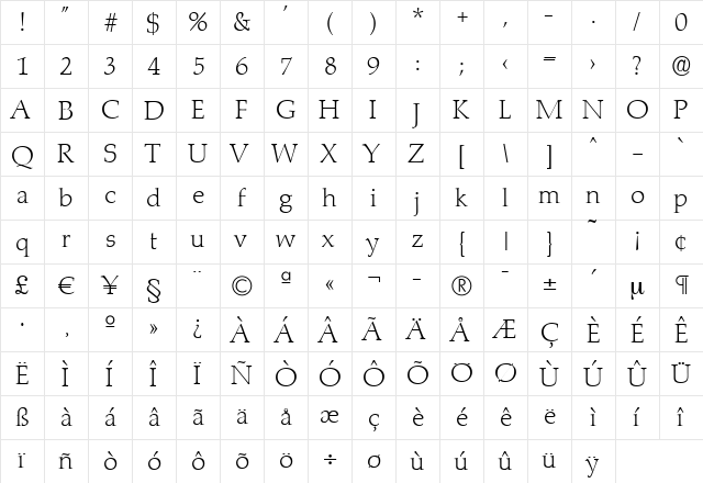 JoelBecker-ExtraLight Regular  glyph index