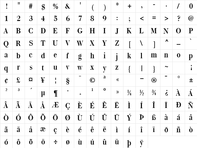 GE Quartz Regular  glyph index