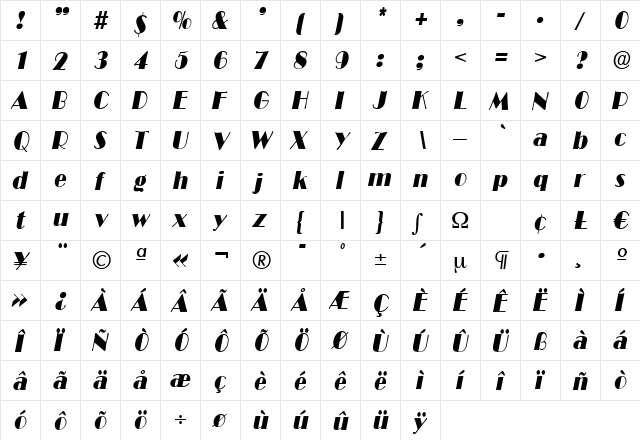 MichelleBecker Italic  glyph index