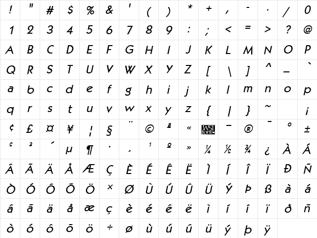 Kabob Italic  glyph index