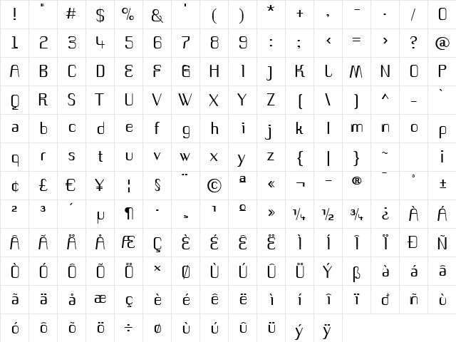 RomeroRegular Regular  glyph index