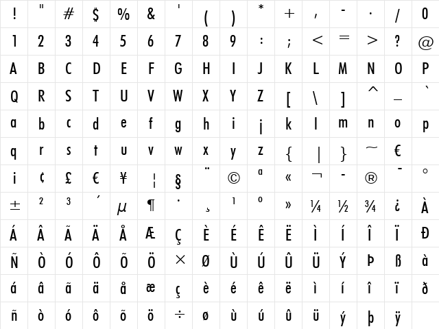 Futura MdCn BT Medium  glyph index