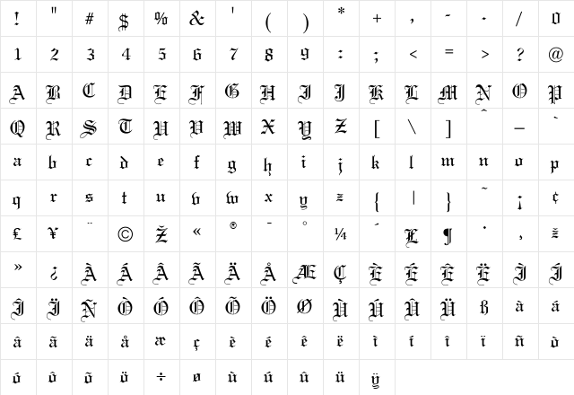 WeddingText Regular  glyph index