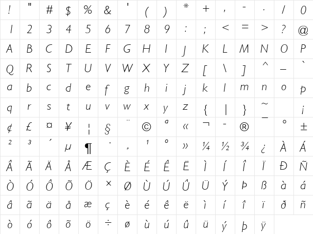 Gill Sans MT Light Italic  glyph index