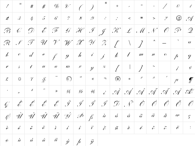 Shelley-AndanteScript A  glyph index