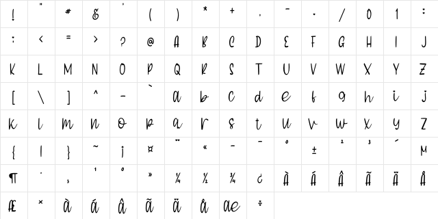 Falling Love Regular  glyph index