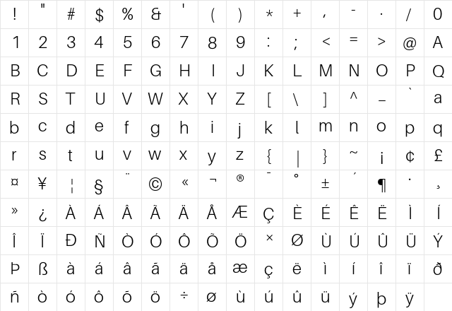 Aileron Light Regular  glyph index